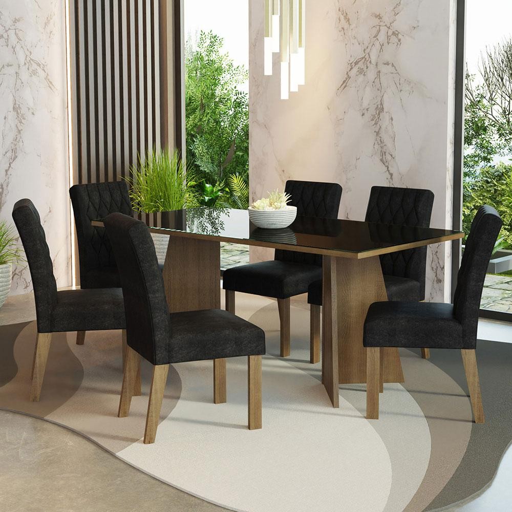 Conjunto Sala de Jantar Mesa Tampo de Vidro 6 Cadeiras Rustic/Preto/Oxford Marissa Madesa em Oferta na Shopee