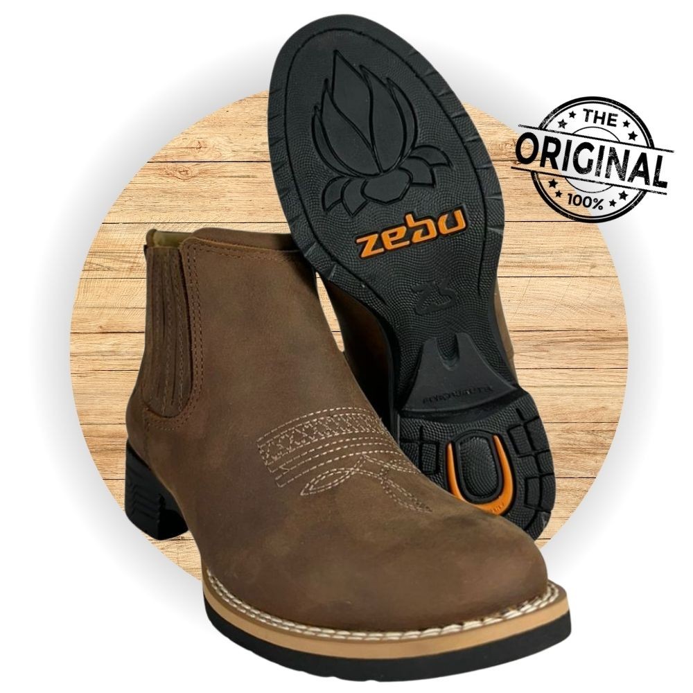Botina Feminina Bico Redondo Zebu Couro Macio Marrom Terra Com Bordado Florão