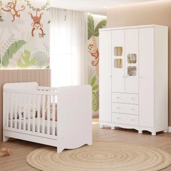 Quarto de Bebê Completo Berço Americano Ben 3 Em 1 Guarda Roupa 4 Portas 3 Gavetas Uli 100% MDF