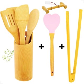 Kit Talheres Bambu Utensílios Colher de Pau Espátulas c/ Suporte Cozinha Essencial Completo em Oferta na Shopee