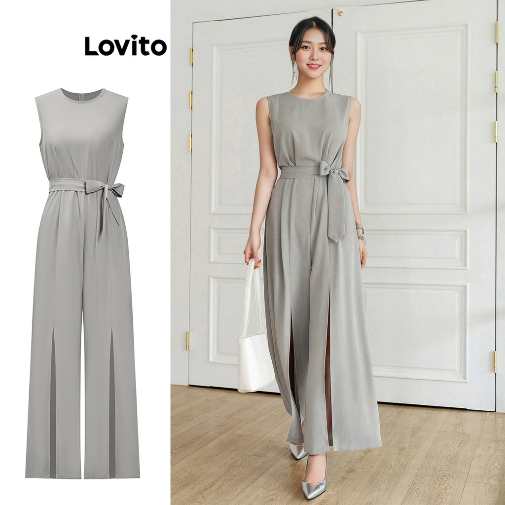 Lovito Macacão casual simples com cinto dividido para mulheres L95ED052 - Women Clothes