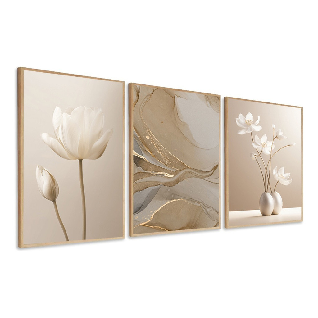 Kit 3 Quadros Decorativos Abstrato Flores Bege Boho Moldura Mural De Painel Espesso De 8mm