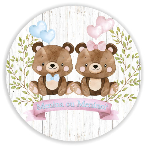 NOVO Painel Festa Infantil Redondo Ursinhos Marrons com Listra na Cabeça, Chá Revelação, Rosa e Azul + Arco, Suporte incluso. Fazemos personalizado com qualquer tema. Confeccionado em Lona fosca, impressão de alta resolução. cenário , p/ Decoração