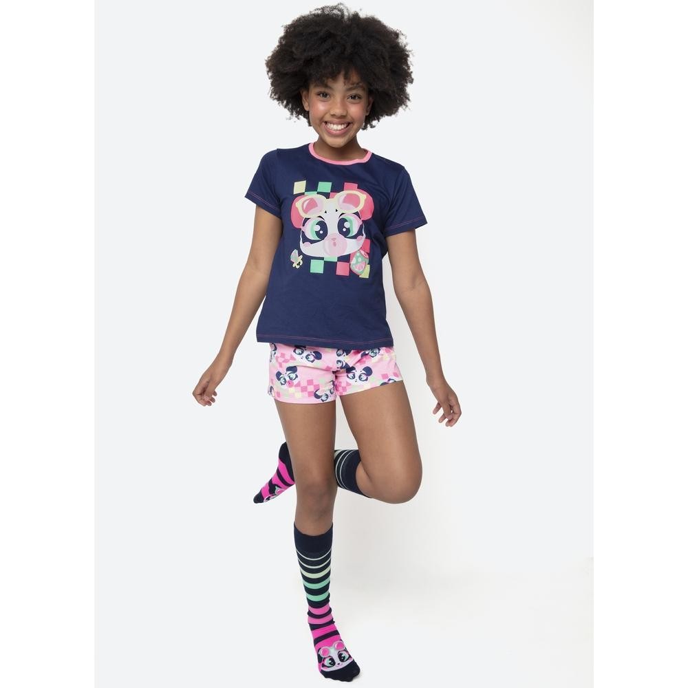 Pijama Manga Curta Algodão Menina Teen Panda Miami - Puket em Oferta na Shopee