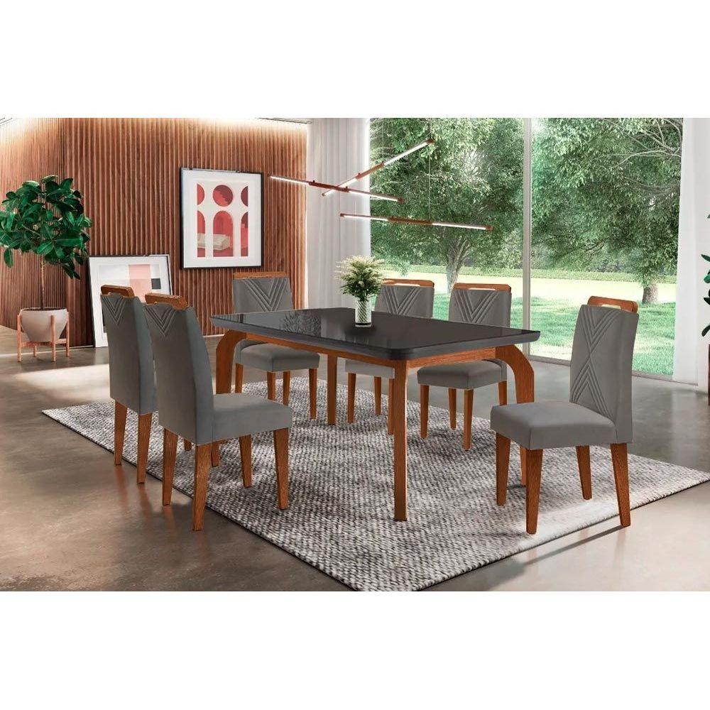 Sala de Jantar Completa Londrina Tampo Madeirado c/ Vidro Curvo 180x90 e 6 Cadeiras Amsterdã Imbuia - Veludo Grafite - Rufato - Home & Living