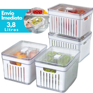 Kit 4 Organizador de Geladeira 3,8 Litros Cesto Com Tampa Multiuso Alimentos Verduras Pote...