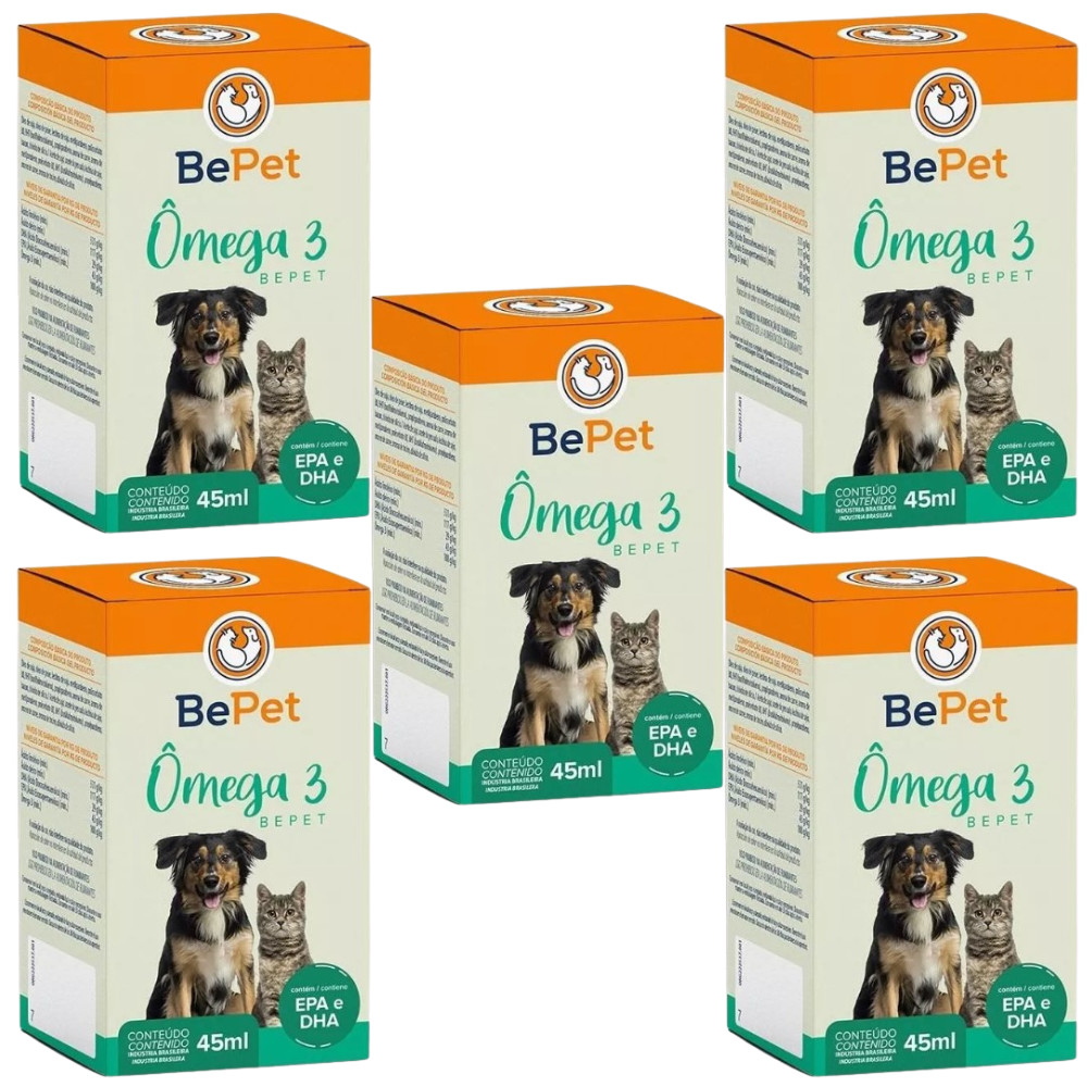 Kit 5 Omega 3 BePet 45ml Suplemento Para Cães E Gatos