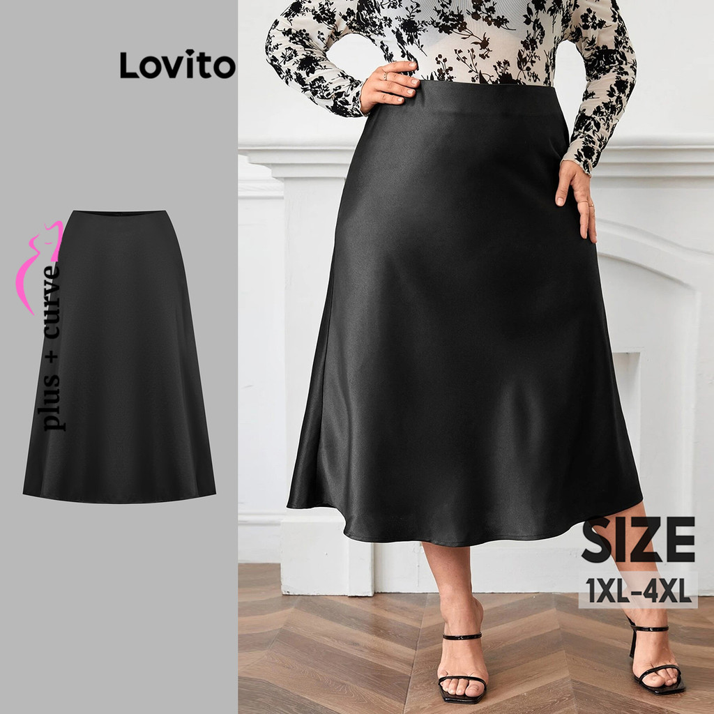 (Trendy) Lovito Saia Curva Plus Size Elegante Saia Básica Lisa Para Mulheres LBL17755 em Oferta na Shopee