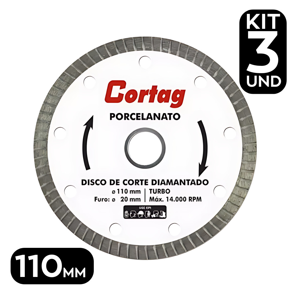 Kit 3 Discos De Corte Diamantado Para Porcelanato Turbo 110mm Preciso Cortag Vidro Cerâmica Granito Alvenaria Durável