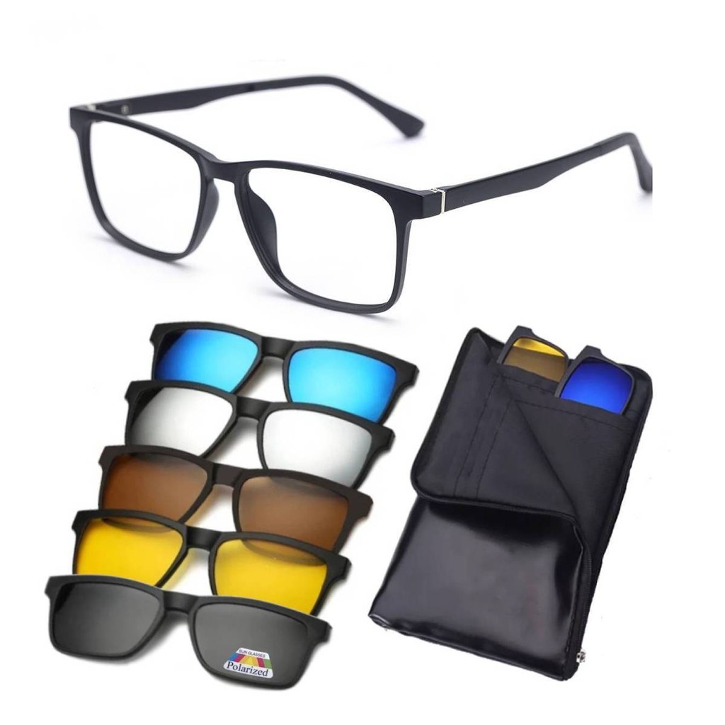 Armação Oculos De Grau Clip On 6 em 1 Oculos de Sol Masculino Polarizado Preto Quadrado Troca Lentes Espelhadas Mod 2268