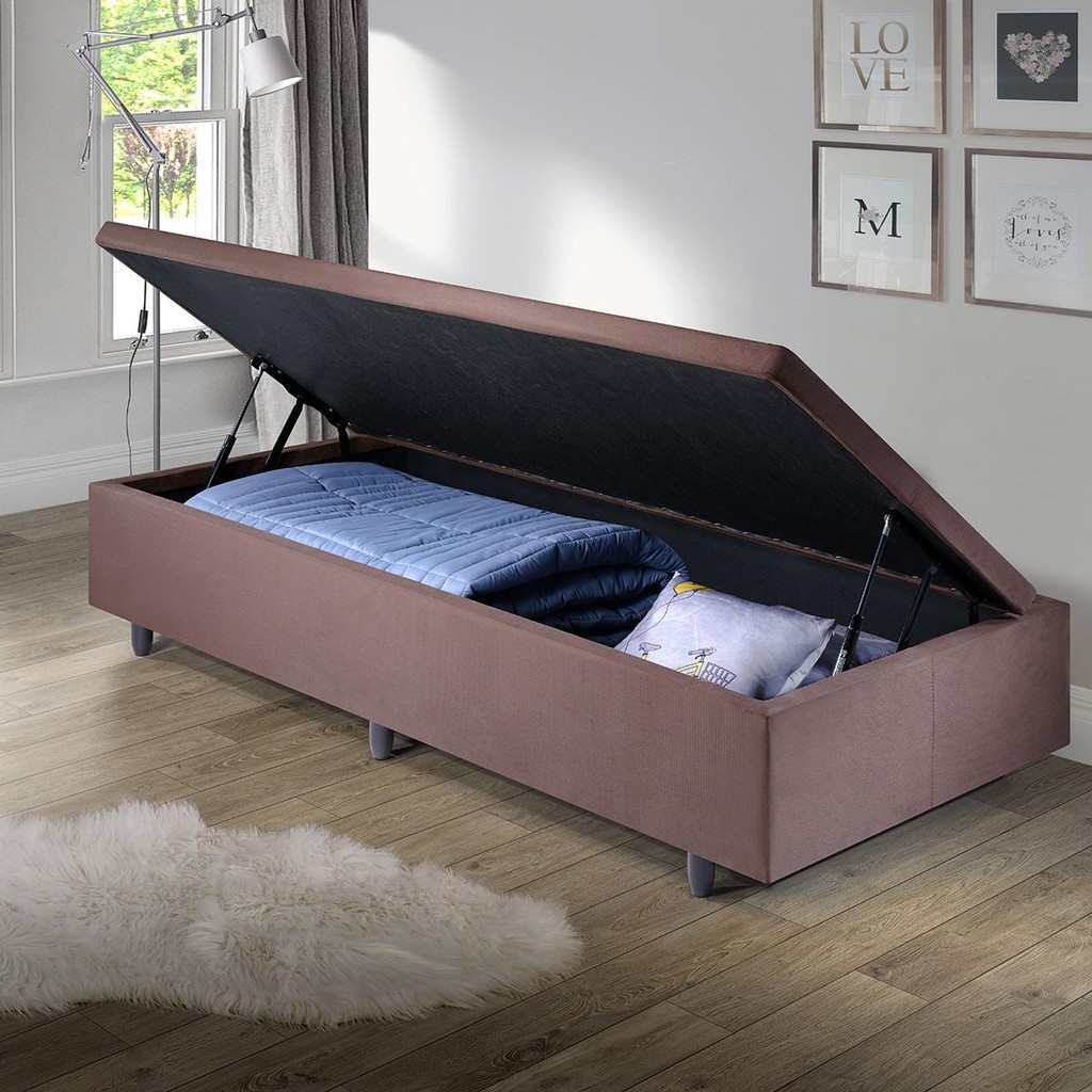 Base Box Solteiro com Baú 88x188x42cm Suede Marrom