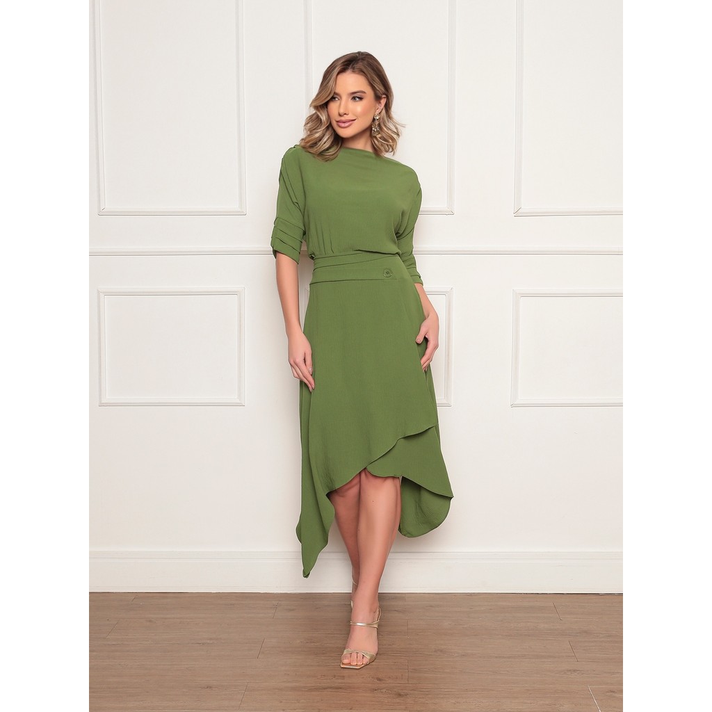 Conjunto Feminino Elegante Em Tecido Duna Com Blusa De Manga Dobrável E Saia Assimétrica Estilo Moderno Botão Decorativo em Oferta na Shopee