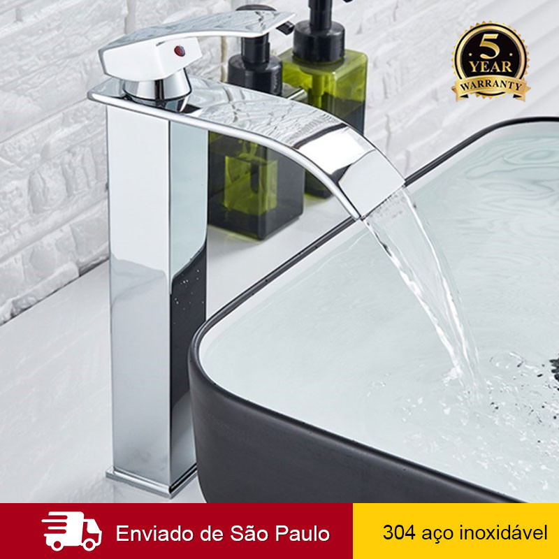 Torneira Monocomando De Banheiro Cascata Quadrada Cuba Pia Lavabo Misturador Bica Alta Prata em Oferta na Shopee