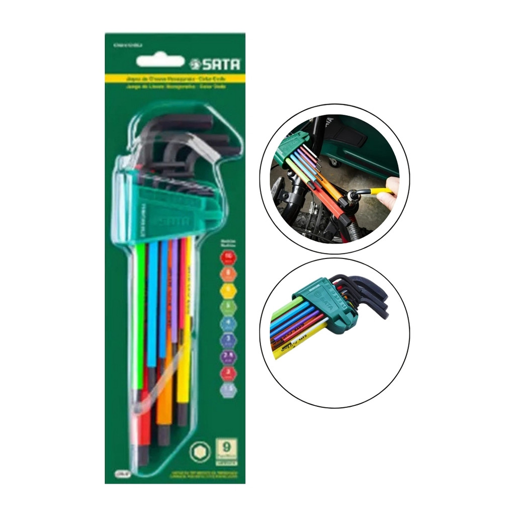 Jogo de Chaves Hexagonais Longas Coloridas 9 Peças - SATA - ST09107CHBSJ