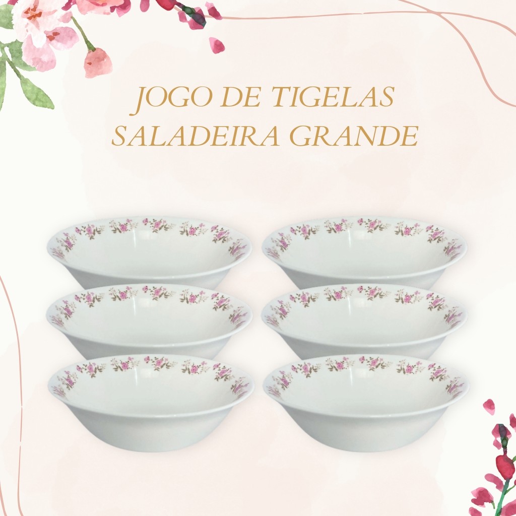 Jogo De Tigelas De Vidro 750ML Tamanho 19cm Cumbuca Saladeira 6 ou 12 Peças Designer Flores Na Borda em Oferta na Shopee