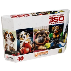 QUEBRA CABEÇA PANORAMA CACHORRINHOS ESPORTISTAS 350 PEÇAS GROW PUZZLE BOX TÊNIS FUTEBOL CACHORRO PET