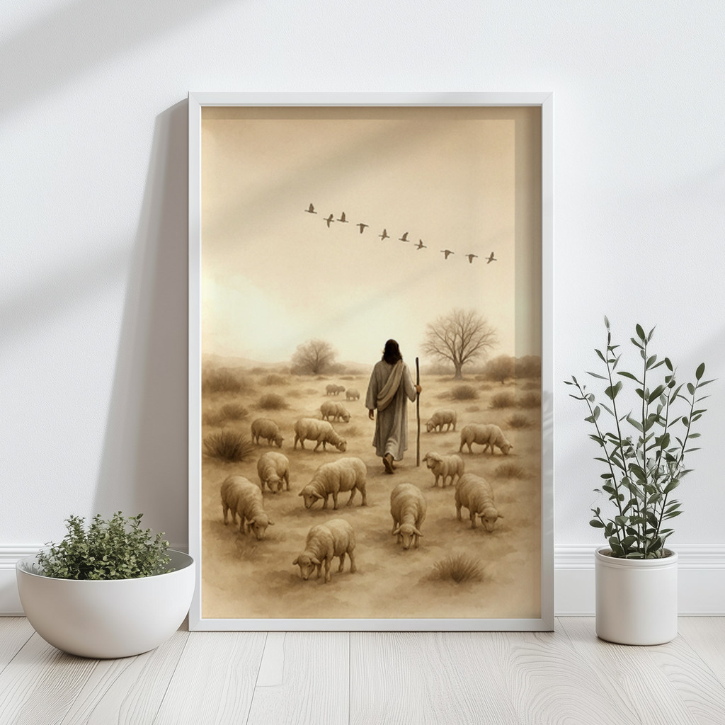 Imagem Quadro Decorativo Jesus Ovelhas Pássaros Pastor Fé Cristã Espiritual Religião Paisagem Quarto Casa