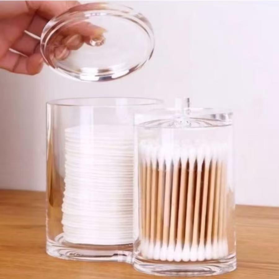 Porta Cotonetes Duplo Em Acrílico Ou Tampa Bambu Organizador de Algodão Super Resistent