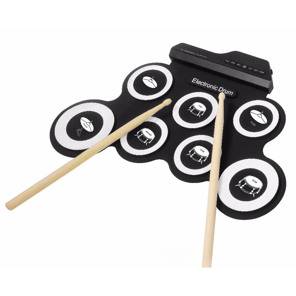 Bateria Eletronica Digital Dobravel de Silicone Tapete Musical 7 Pads com Entrada P3 Fone de Ouvido Baquetas Pedais