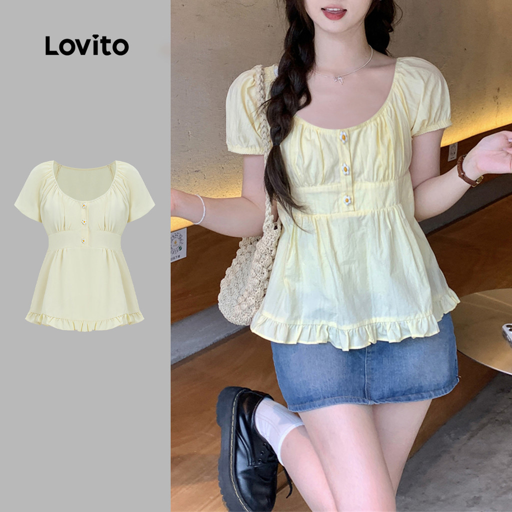 (Hot) Lovito Blusa de botão plissada lisa fofa para mulheres L122AD055 em Oferta na Shopee