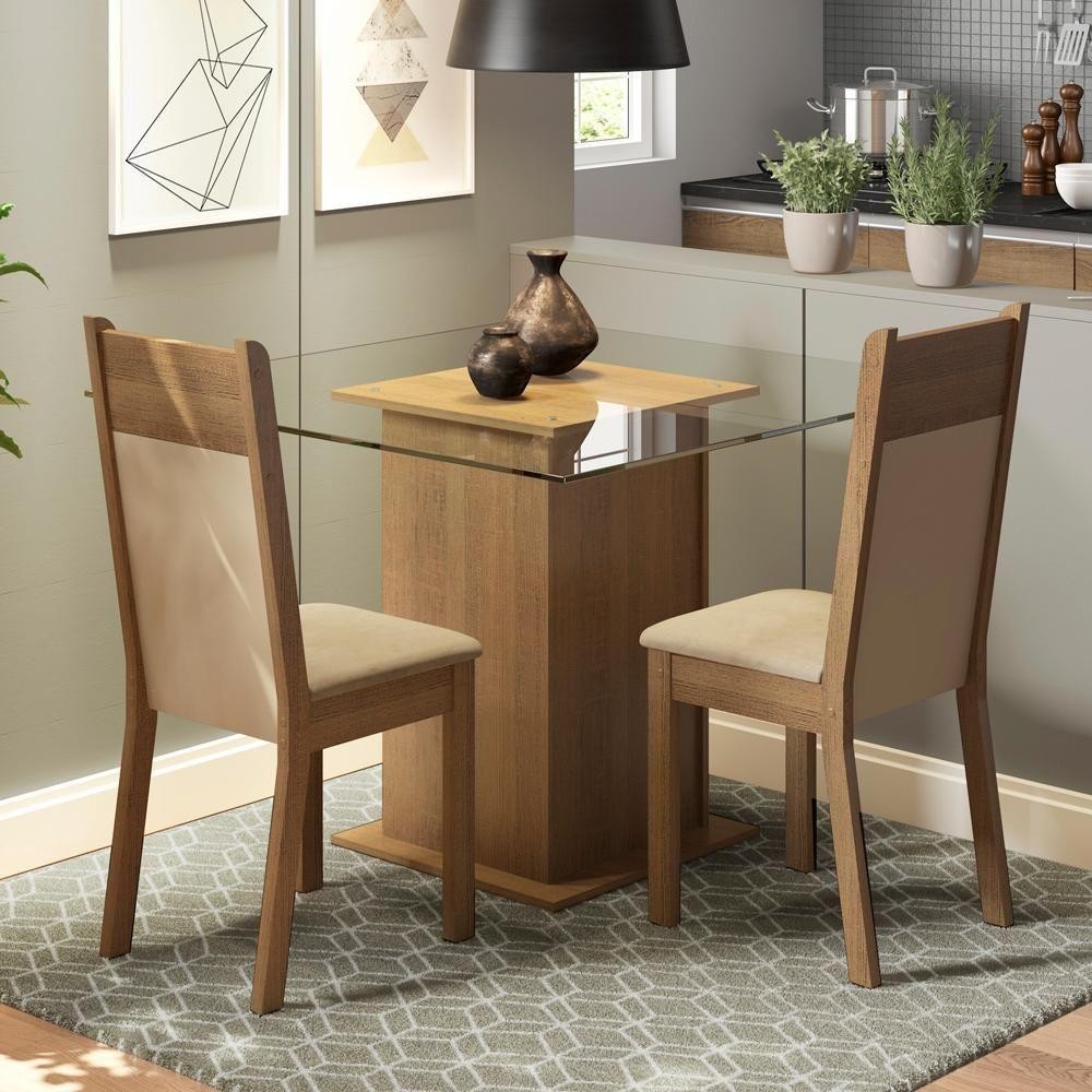 Conjunto Sala De Jantar Mesa Tampo Vidro 2 Cadeiras Madesa