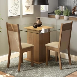 Conjunto Sala De Jantar Mesa Tampo Vidro 2 Cadeiras Madesa
