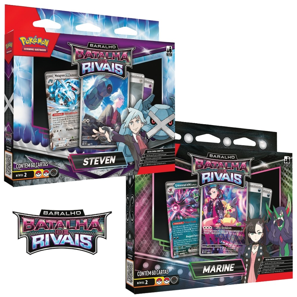 BOX POKÉMON DECK BARALHO BATALHA DE RIVAIS STEVEN OU MARINE NÍVEL 2 COPAG 60 CARTAS TCG TREINADOR