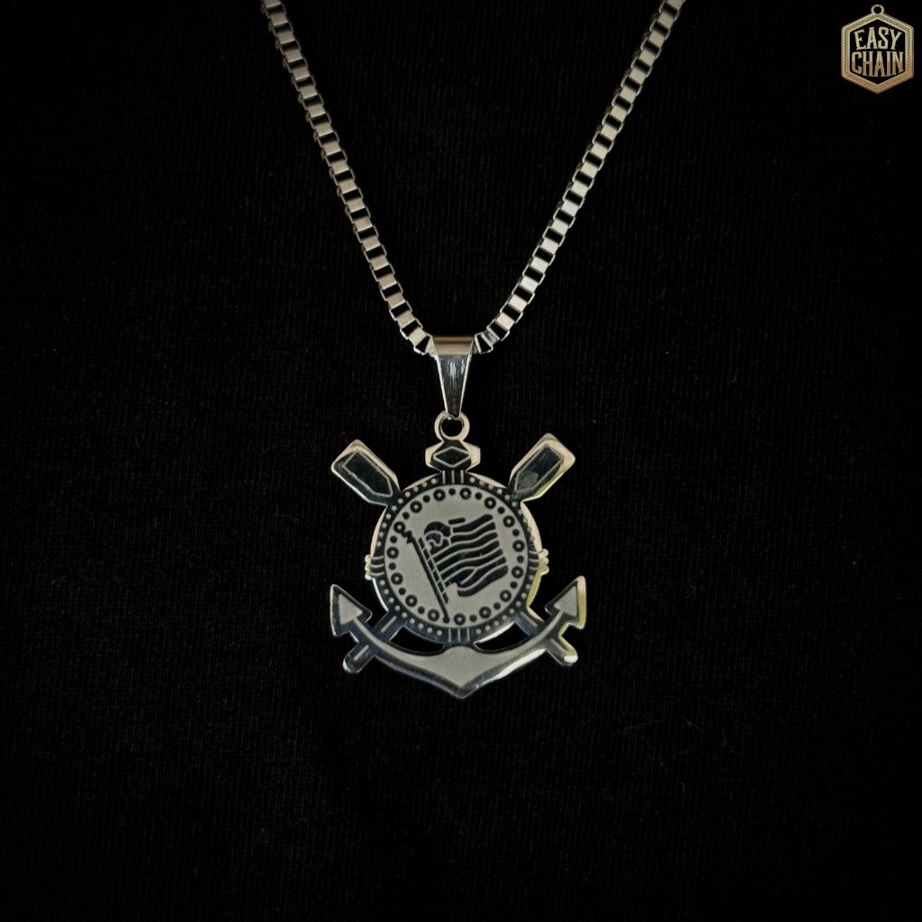 Corrente Pingente Escudo Time do Coração Corinthians Masculina PRATA