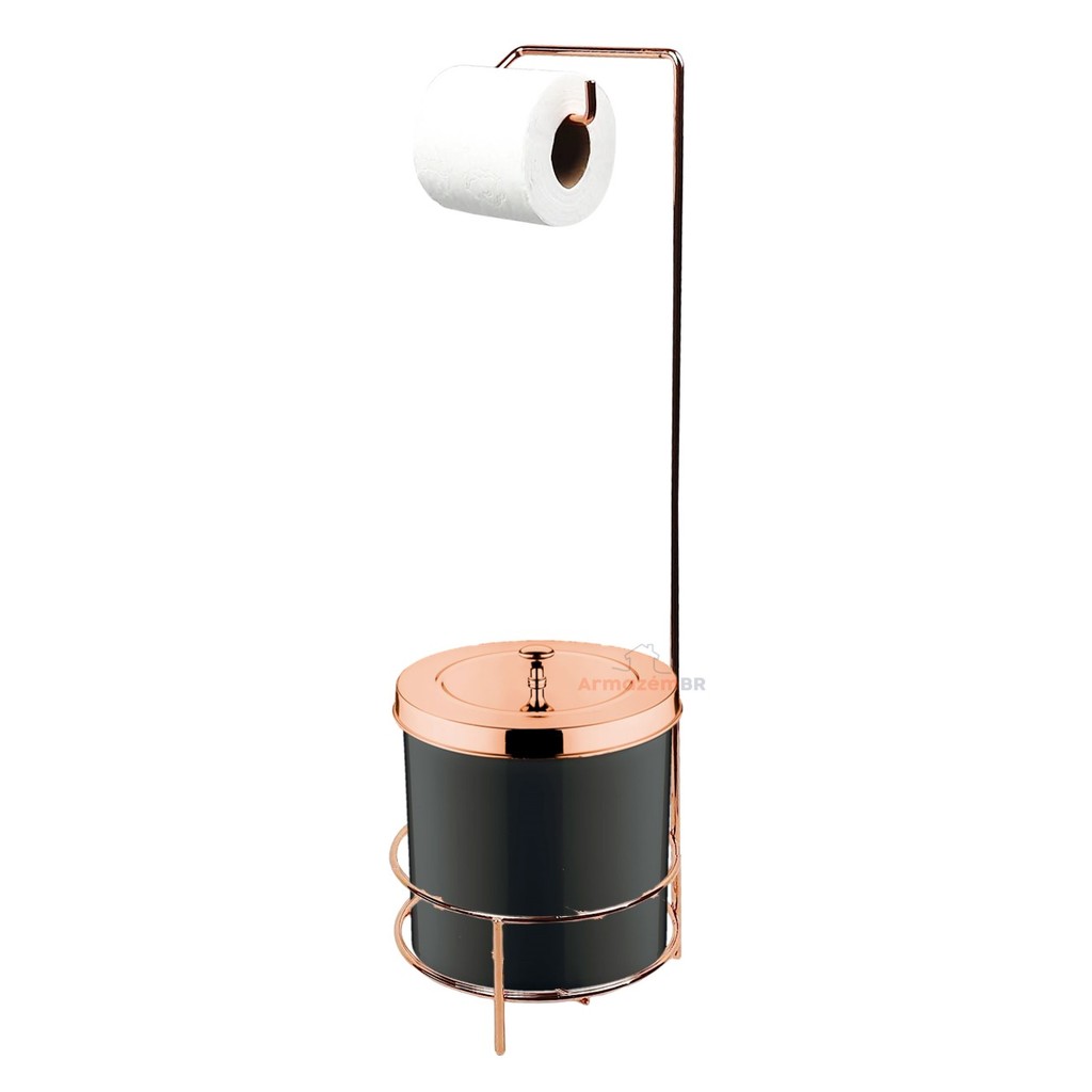 Kit Suporte Porta Papel Higiênico Lixeira 5L Cesto Lixo Tampa  Rose Gold Preto Chão Banheiro Future