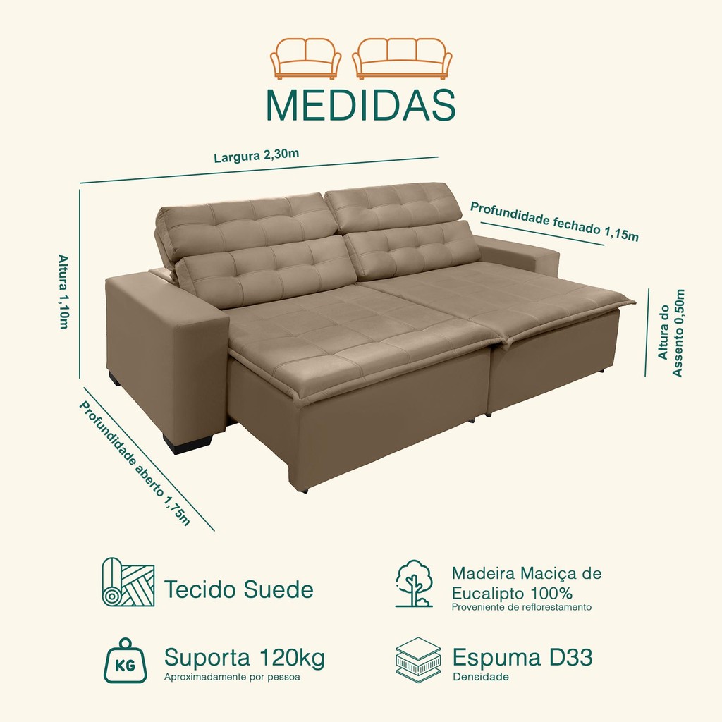 Sofá Retrátil e Reclinável 2,30m Suede Marrom Castor Magno · foto 2