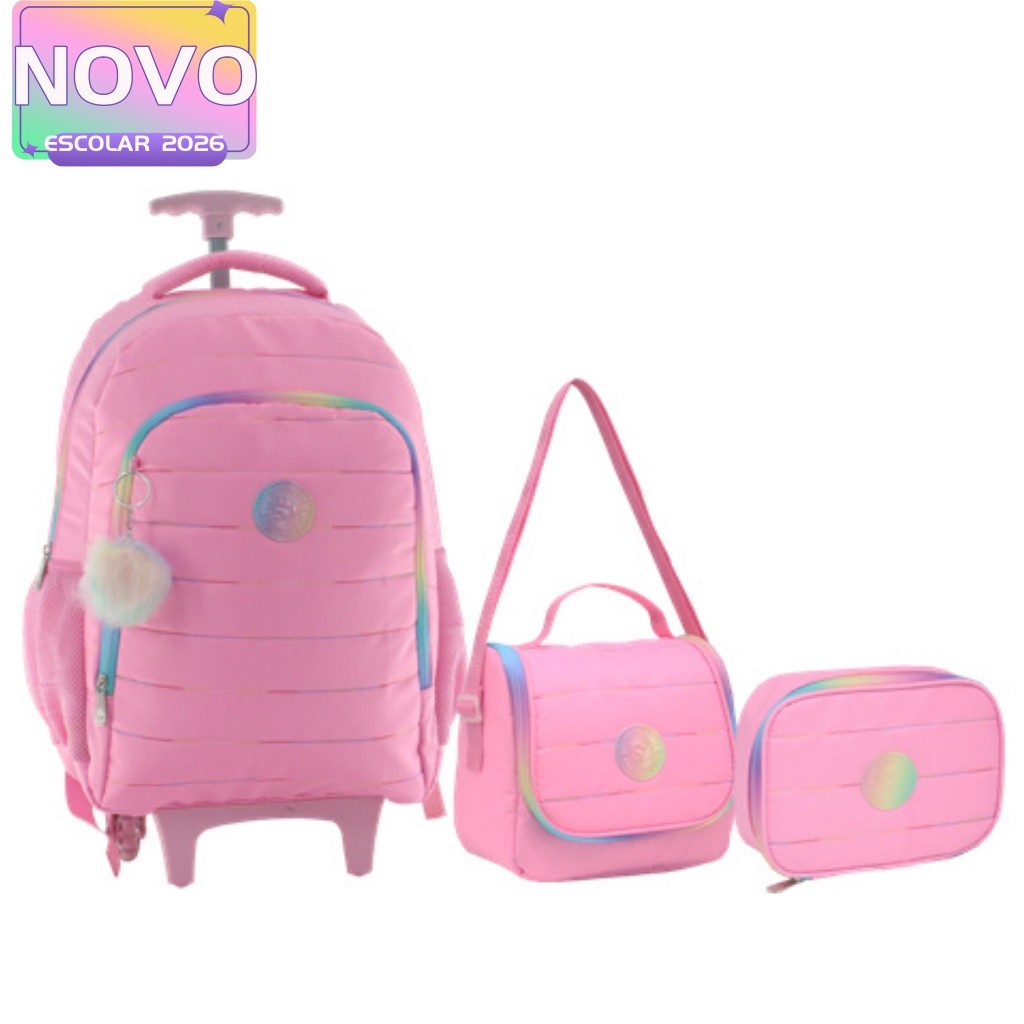 Kit Mochila 18” Escolar Juvenil Estampa Liso Com 2 Rodas Feminino Com Lancheira Térmica E Estojo em Oferta na Shopee