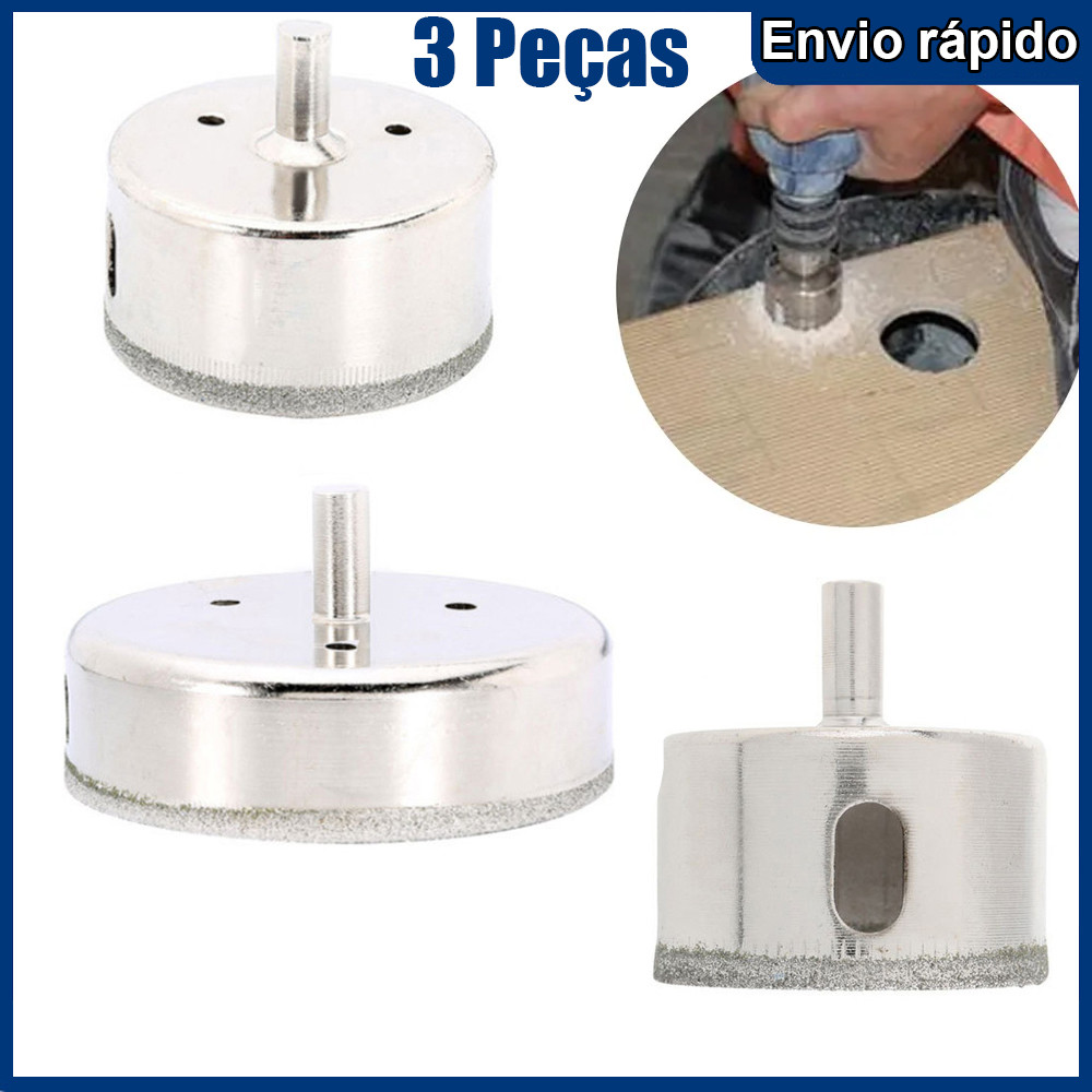 Kit Com 3 Brocas Diamantadas Para Obra Contrução Serra Copo Faz Corte Em Vidro Mármore Cerâmica