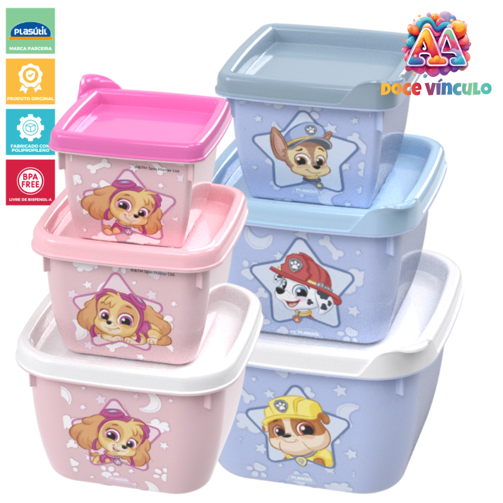 Potes de Plástico Kit 3 Peças Patrulha Canina Baby Infantil Conect Papinha Lancheira Volta as Aulas