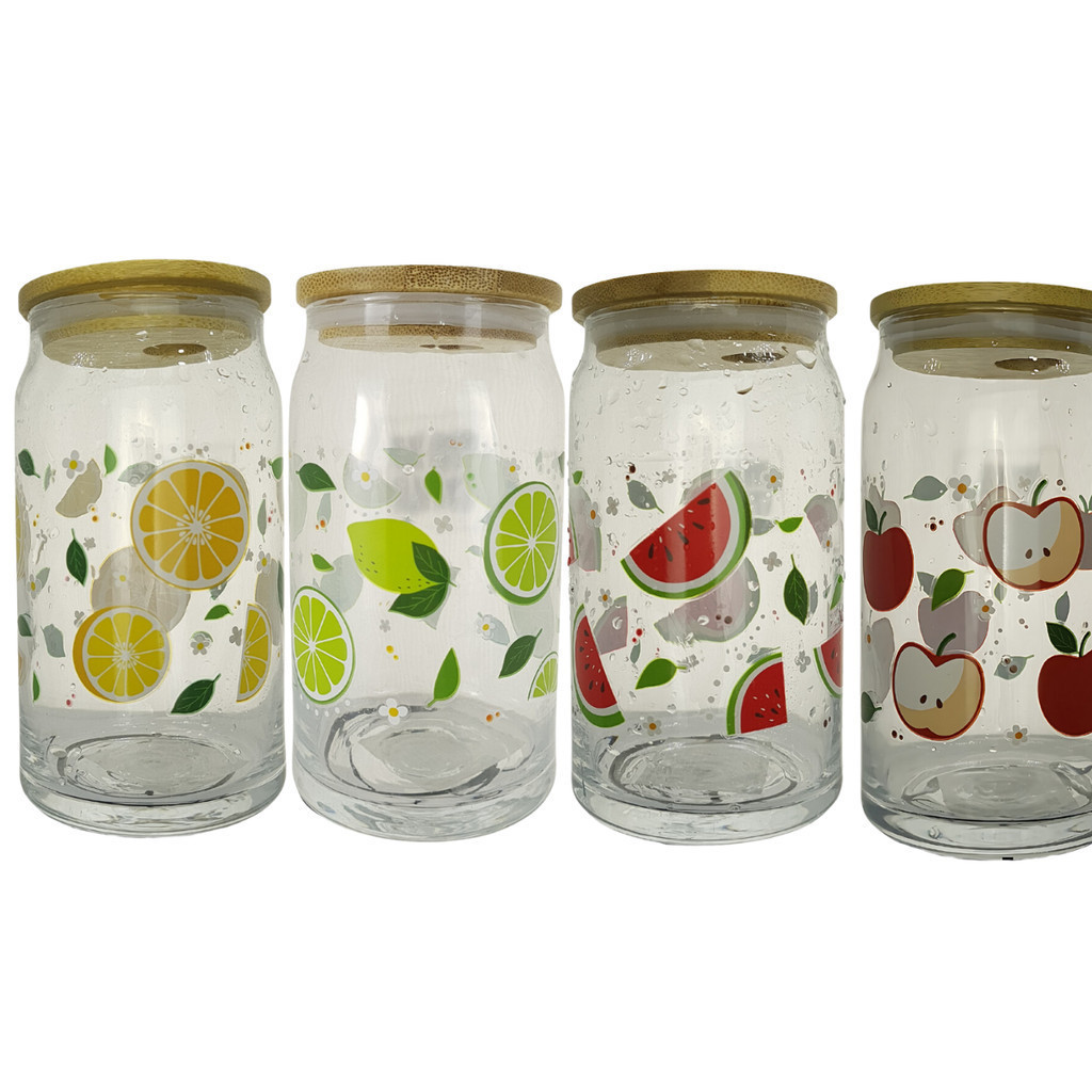 Copo de Vidro com Tampa de Bambu e Canudo de Vidro Estampa de Frutas para Drink Sucos Limonada