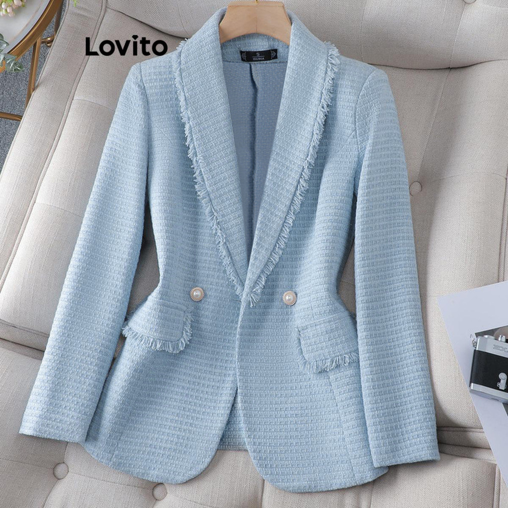 (Trendy) Lovito Blazer Elegante Liso Com Botão Duplo E Bolso Falso Para Mulheres LNL56148 em Oferta na Shopee