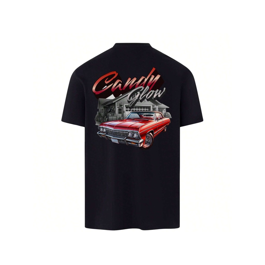 Camiseta Básica Preta Confortável Unissex Algodão Modelo: "Carro Vermelho Candy Glow" - Lançamento Especial