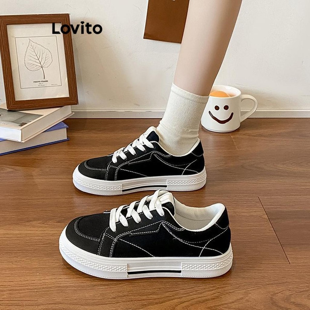 (Trendy) Lovito Tênis esportivo liso estilo formal renda preta versátil tênis de corrida para mulheres LFA65306 - Women Shoes