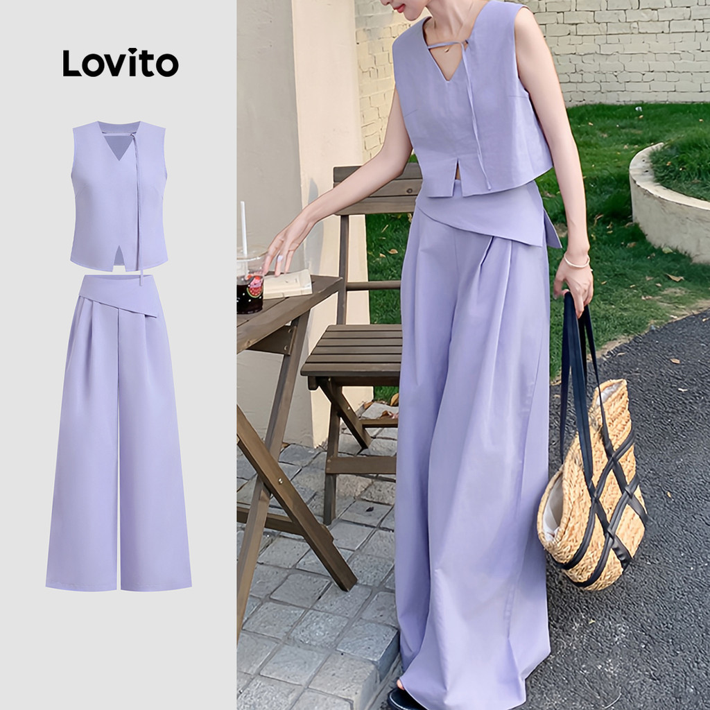 Lovito Conjuntos de Calças Elegantes com Abertura Frontal e Cadarço Calças Roxas para primavera/verão L137LD438 em Oferta na Shopee