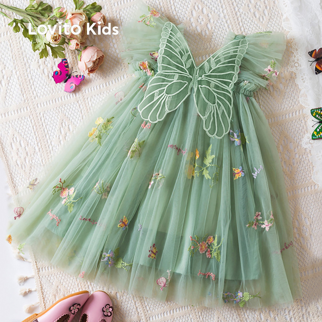Lovito Vestido Infantil Elegante Com Contraste De Tule E Borboletas Ótima Textura Todas As Estações Cor Verde LNL111194 em Oferta na Shopee