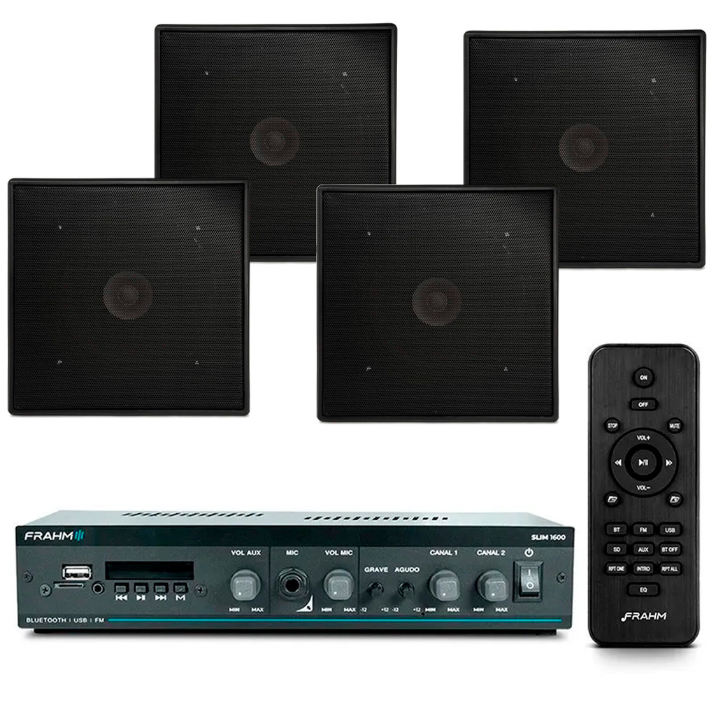 Kit Amplificador Receiver SLIM 1600 MC G5 60W + 4 Arandelas Leson Quadrada Preta Som Ambiente