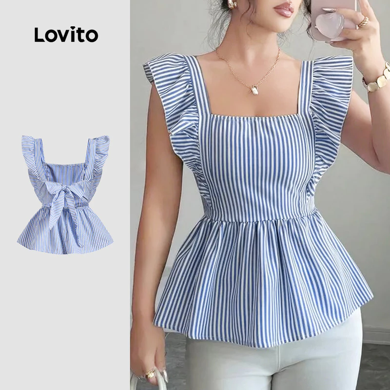 Lovito Casual Blusa Geométrica com Laço Nas Costas e Recortes Blusa Azul para Primavera/verão para Mulheres L138ED409