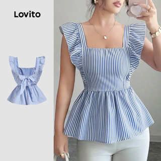 Lovito Casual Blusa Geométrica com Laço Nas Costas e Recortes Blusa Azul para Primavera/verão para Mulheres L138ED409