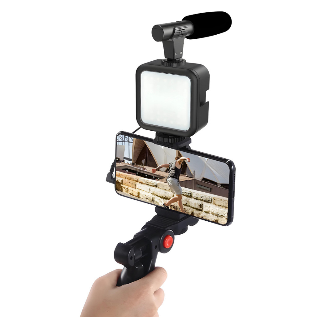 Kit Youtuber podcast Vlog Live Tripé Celular Suporte Led E Microfone