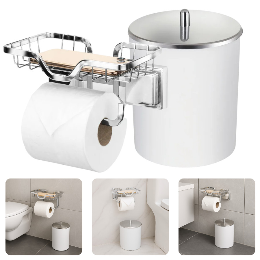 Kit Banheiro Branco Cromado Inox Porta Papel Prateleira Celular 3M Lixeira 5 Litros Redonda