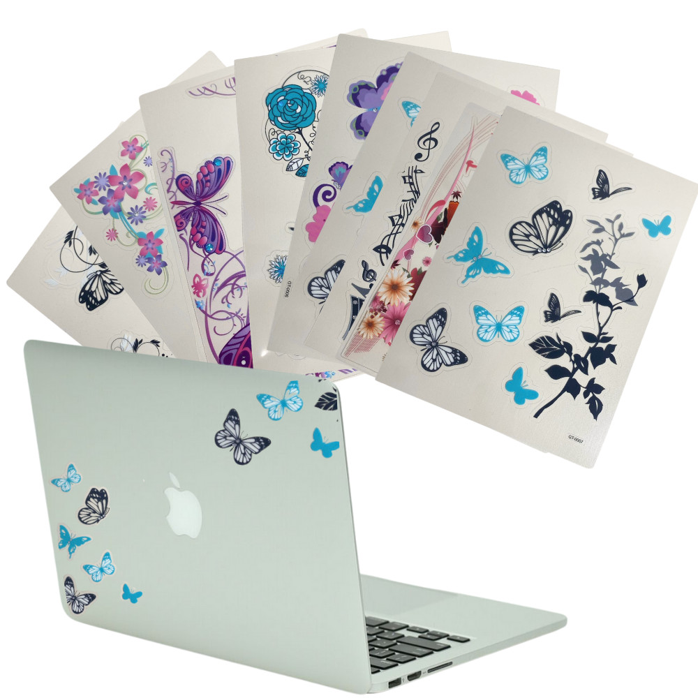 Kit 5 Folhas com Adesivos Aleatórios Flores, Borboletas e Notas musicais para Notebook Ipad
