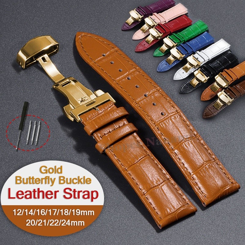 Pulseira Universal De Couro De Bezerro Genuíno De 12-24mm , 12 14 16 17 18 19 20 21 22 Fivela Borboleta , Padrão De Bamb em Oferta na Shopee