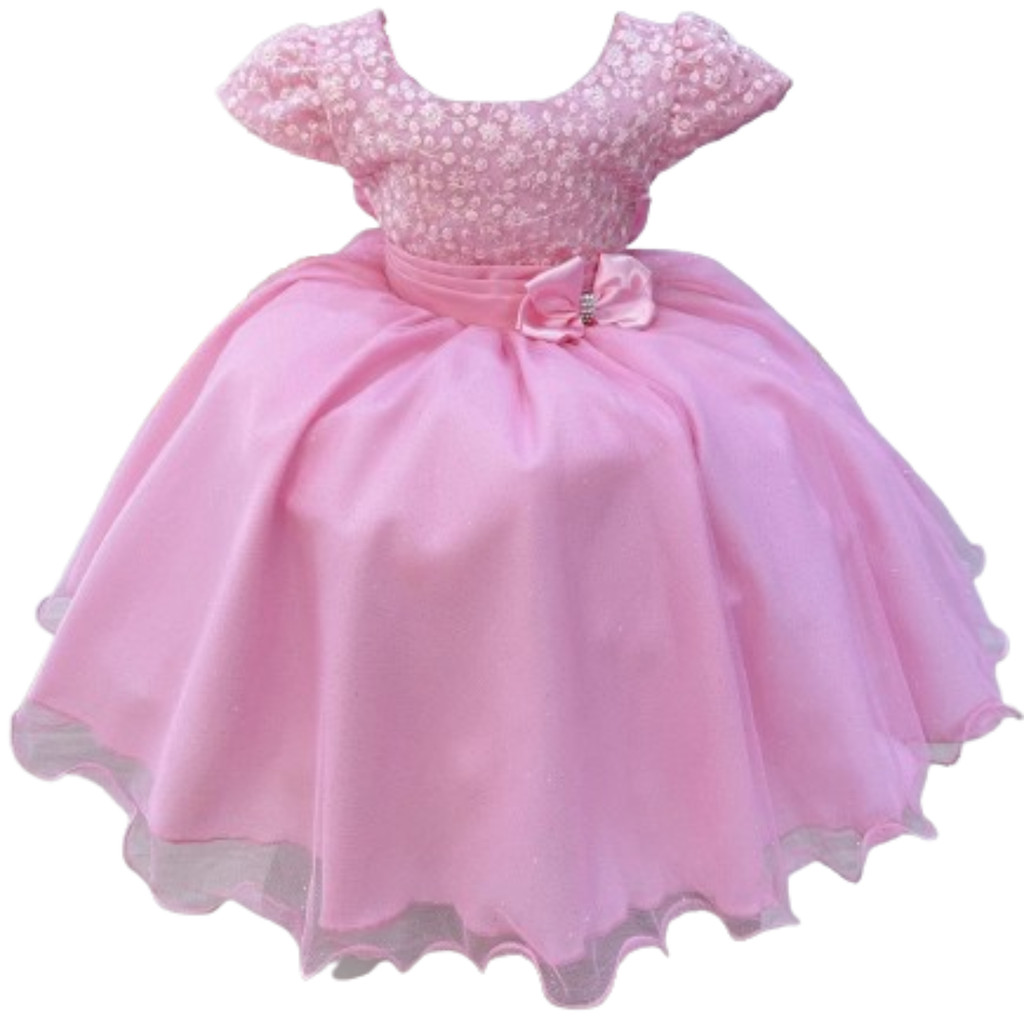 Vestido Infantil Rosa Bebe com Glitter na Saia Luxo Laço na Cintura Festas Eventos e Casamentos 7007