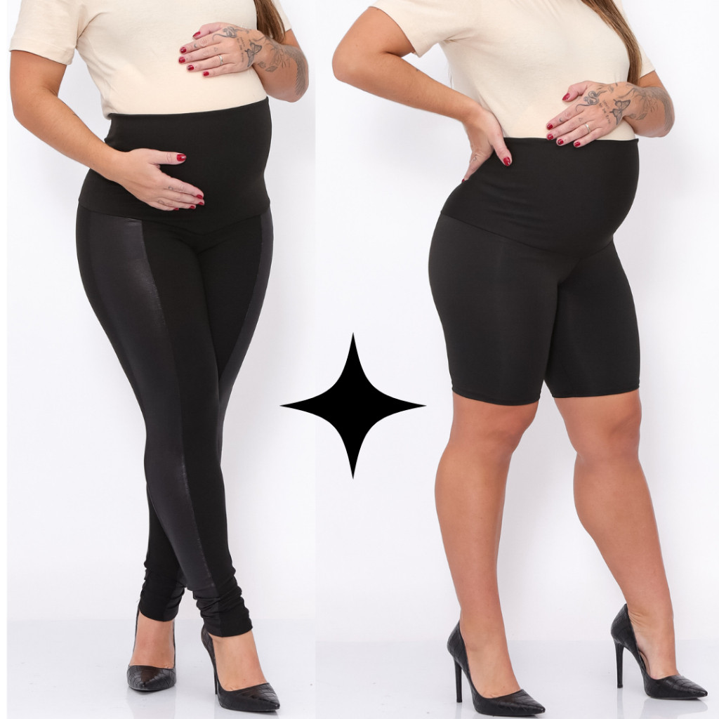 KIT 2 Peças Calça Montaria Cirre Gestante + Bermuda Short Maternidade Pretas Zero Transparencia