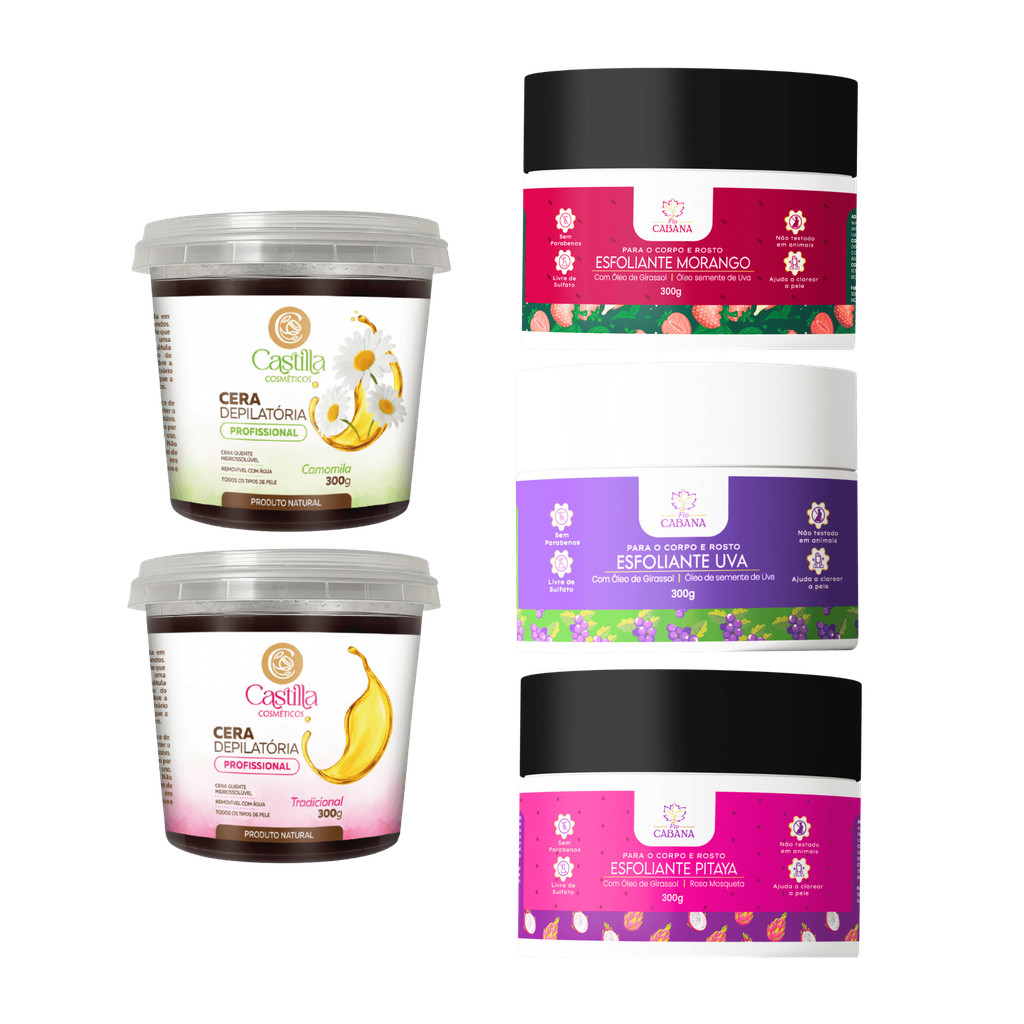 Kit Esfoliante Fio Cabana + Cera Depilatória Castilla | Uva, Morango, Pitaya, Camomila - Tradicional