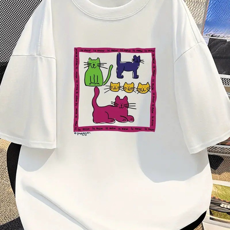 Bonito Camiseta Masculina De Algodão Com Estampa Divertida De Gato, Camiseta Versátil, Confortável E Casual